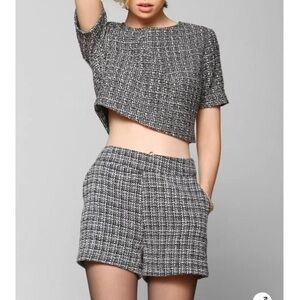 Lucca Couture Black White Tweed Crop Top Neutral Formal Casual Medium